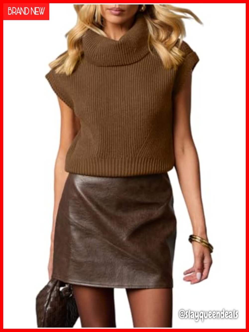 Turtleneck Sweater Vest Cap Sleeve Knit Pullover Side Slit Loose Layering Top